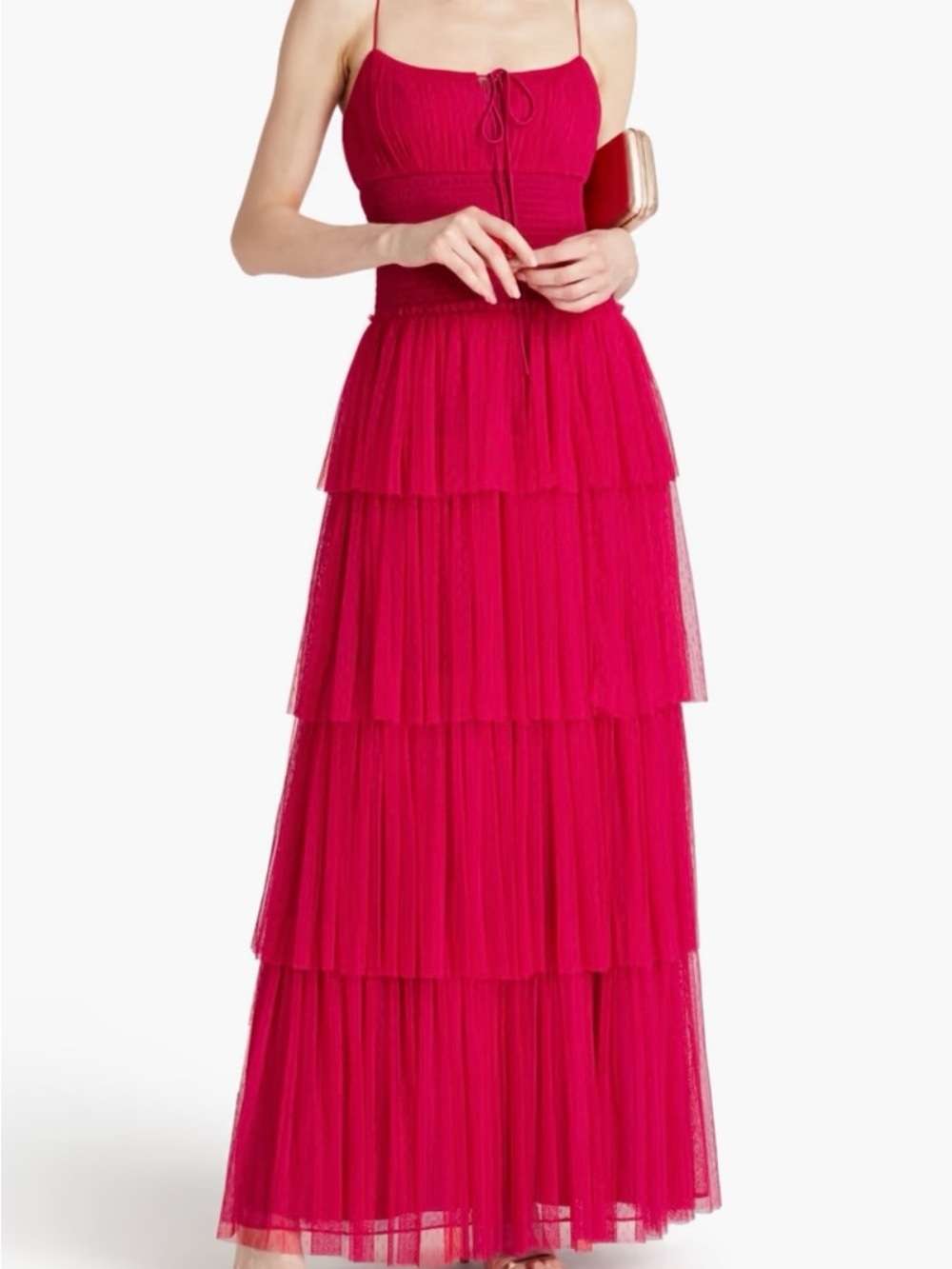 NWT ML Monique Lhuillier Tiered Tulle Maxi Dress Cherry Pink Size 8